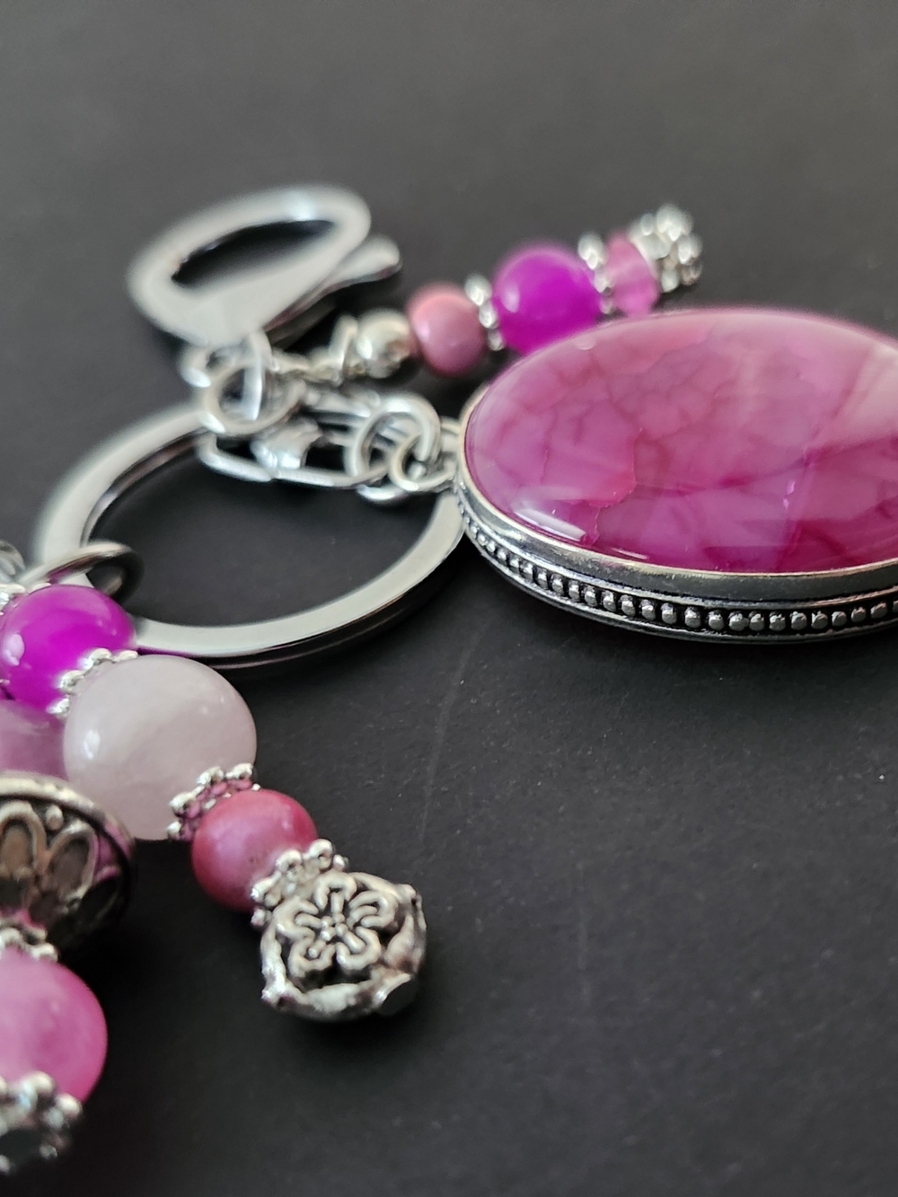 Pink Crackle Agate Purse Charm or Keychain Quartz Dolomite Handcrafted - Picture 2 of 5